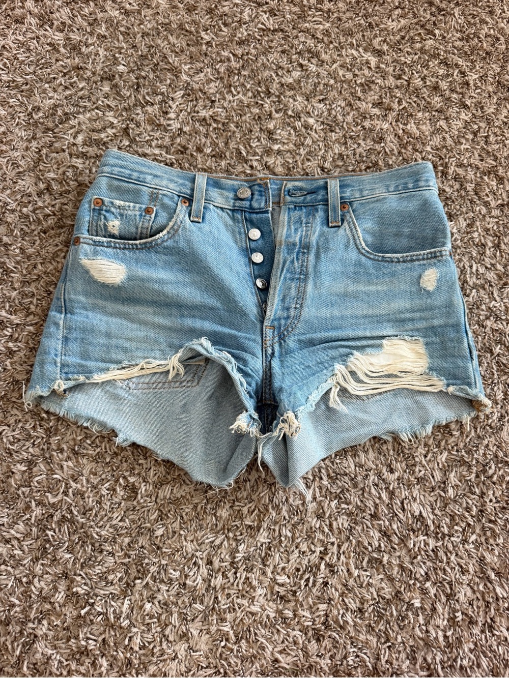 Levi's 501 Light Blue Distressed Denim Shorts
